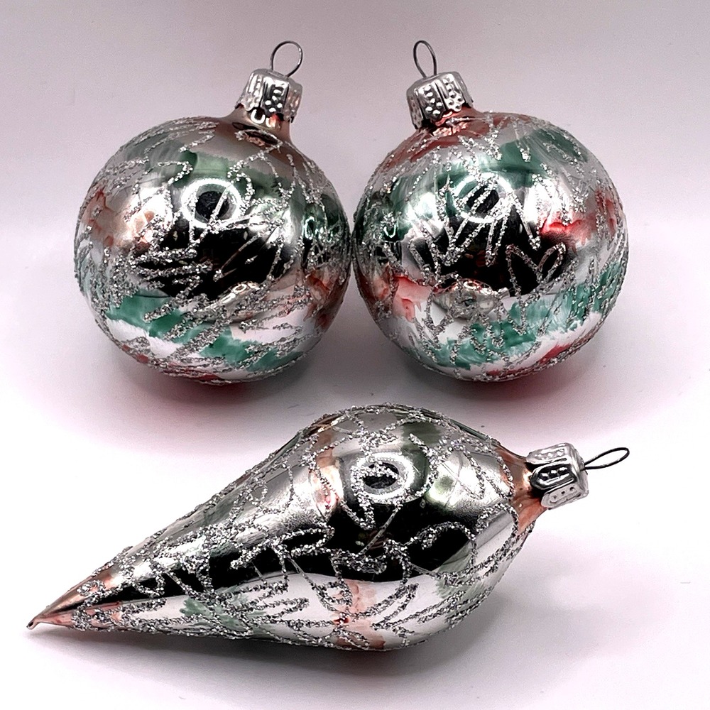 Vintage Commodore Glass Silver Mica Christmas Ornaments Teardrop Round LOT of 3